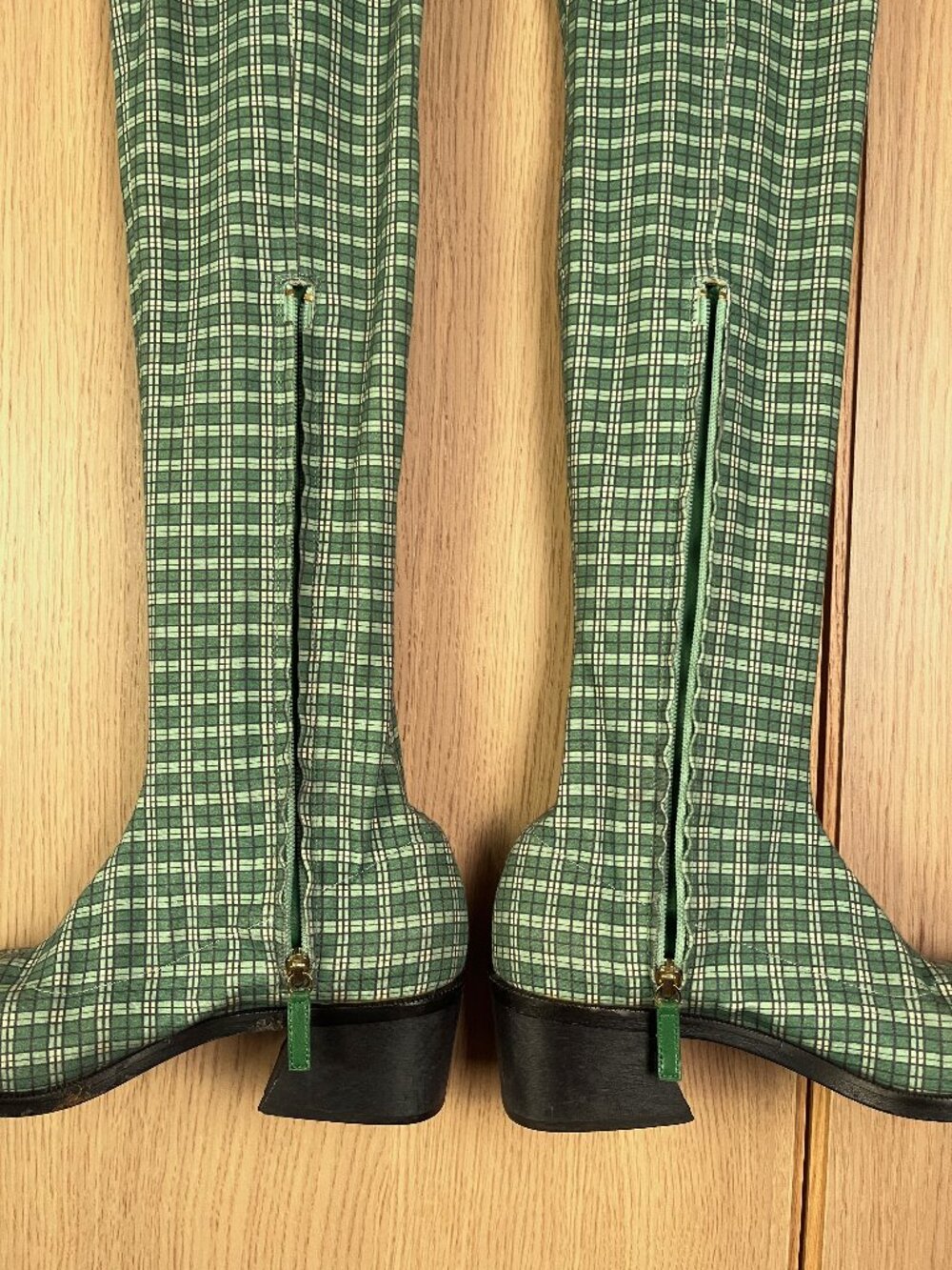 Suzanne Rae Green Plaid Thigh-High Boots, Size 39 - Made in Italy, Side Zip - Picture 3 of 14